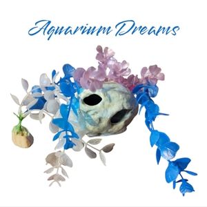 Vtg 4 Piece Aquarium Fish Tank Blue Ceramic Rock Cave Pink Heart Plant White